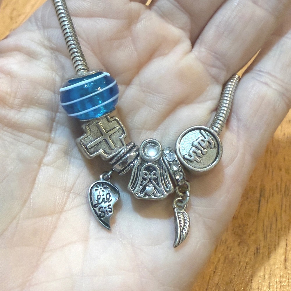 Silver Tone Snake Chain Charm Bracelet Blue Glass Cross Angel  Faith 7.5in